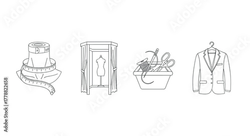 Linear tailoring symbols tape measure, fitting room, sewing kit, suit jacket