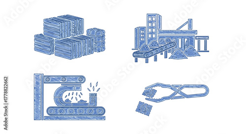 Chalk style industrial icons manufacturing, conveyor belts, raw materials, and heavy machinery