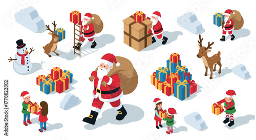 Isometric christmas scene with santa, gifts, reindeer, and snowman
