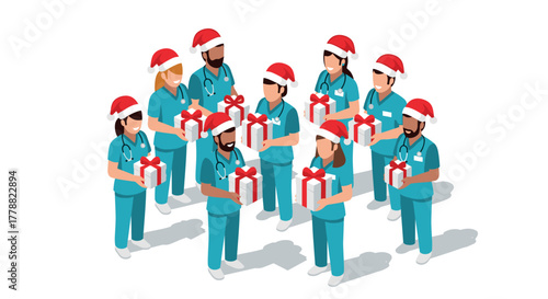 Medical team in holiday spirit with gifts and santa hats in isometric style