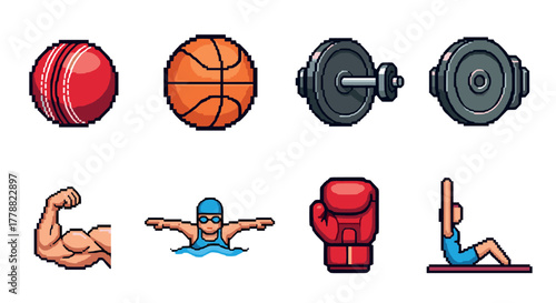 Pixel art sports icons basketball, cricket, dumbbell, boxing, swimming, fitness
