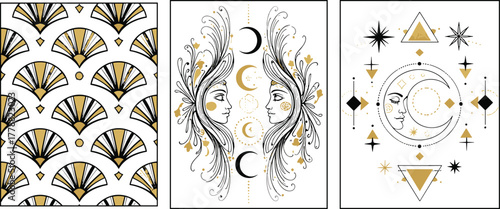 Mystical moon goddess geometric vector set, celestial art deco pattern, spiritual astrology design, feminine sacred geometry illustration