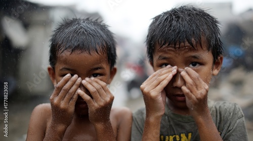 Children covering faces in urban setting