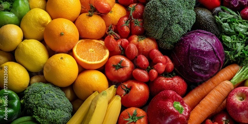 A vibrant display of fresh fruits and vegetables featuring a colorful assortment of produce items