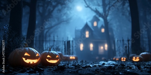 Glowing pumpkins lead to a haunted house in a spooky forest on a dark halloween night scene