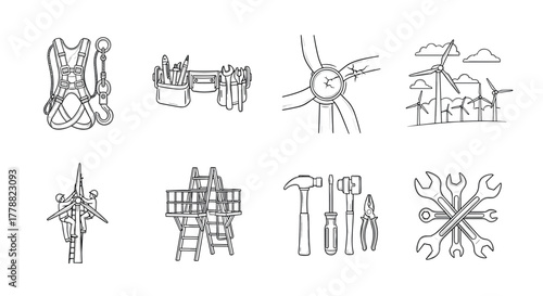 Handdrawn tools and wind energy elements safety gear and equipment sketches