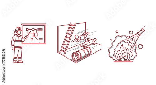 Firefighter training icon set featuring safety gear and emergency situations in linear style