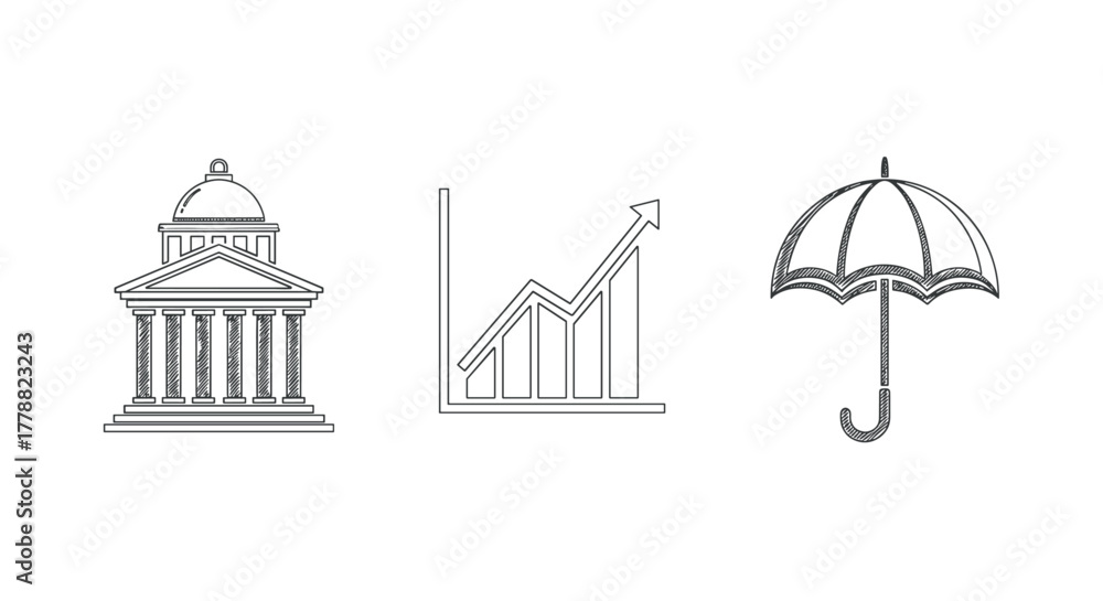 Fototapeta premium Linear icons of government building, growth chart, and umbrella on white background