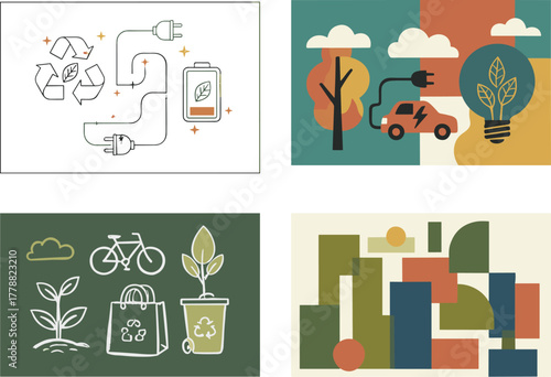 Sustainable energy and eco lifestyle vector illustration set, electric car, recycling, green power, renewable environment, geometric modern design