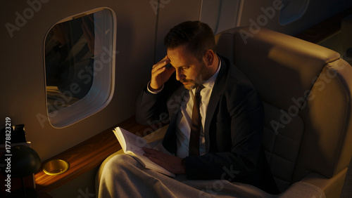 фотографія Stressed businessman in a suit having a painful headache, reading a book while t