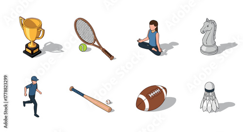 Isometric sports icons collection featuring yoga, tennis, and chess