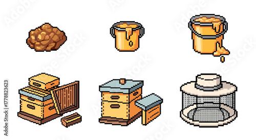 Honey production icons in retro pixel art style