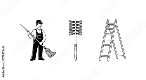 Chimney sweep tools brushes, ladder, and cleaning professional in black and white style