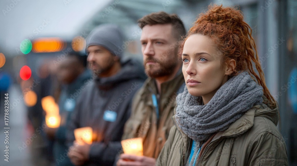 Obraz premium Group of diverse adults holding candles in peaceful outdoor vigil on overcast day