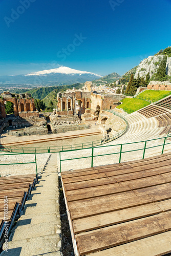 Taormina, Sicily. View of town, theater and Etna	