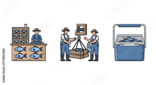 Fish market scenes showcasing traditional processing and storage