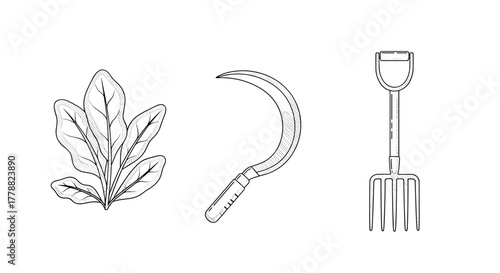 Linear gardening tools and leaf drawing sickle, shovel, and spinach leaf sketches