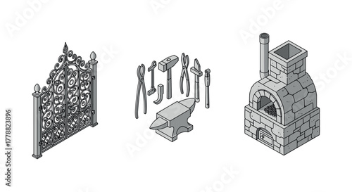 Isometric blacksmithing tools with ornate gate and brick oven