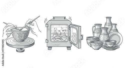 Handcrafted pottery creation and firing process in detailed linear style