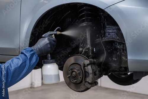 Skilled technician applies vital anti-corrosion spray to the car's vulnerable undercarriage and wheel well for robust rust protection