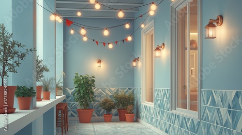 Cozy blue balcony with string lights and potted plants in a bright, inviting atmosphere