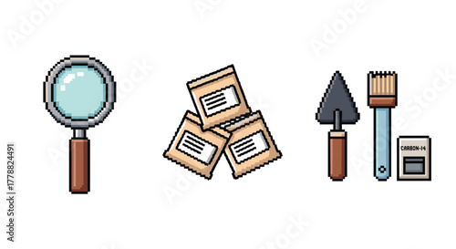 Pixel art archaeology tools magnifying glass, artifact bags, brush, trowel, notebook