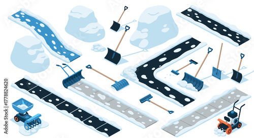 Winter snow removal equipment isometric set with shovels and snowplow