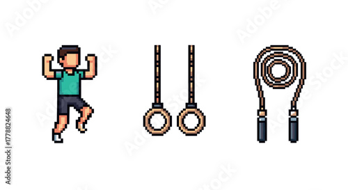 Pixel art fitness icons featuring gymnast, rings, and jump rope