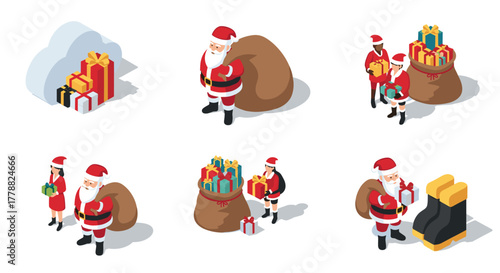 Festive santa claus scenes with gifts and helpers in isometric holiday style