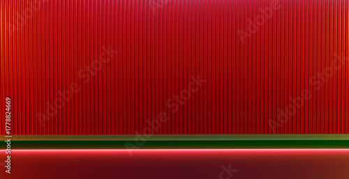 Fototapeta Naklejka Na Ścianę i Meble -  3d rendering red corrugated wall with neon lighting and green shelf