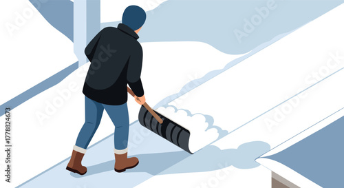 Winter snow clearing man shoveling pathway in minimalist style