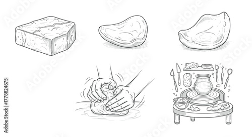 Handcrafting pottery from clay block to artisan bowl on pottery wheel