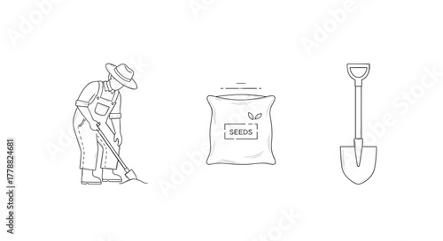 Gardening basics outline farmer digging soil, seed bag, and shovel