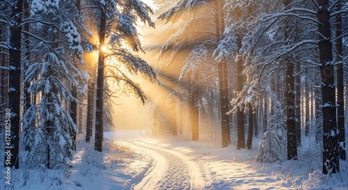 Winter wonderland scenic forest landscape with snow covered trees and sun