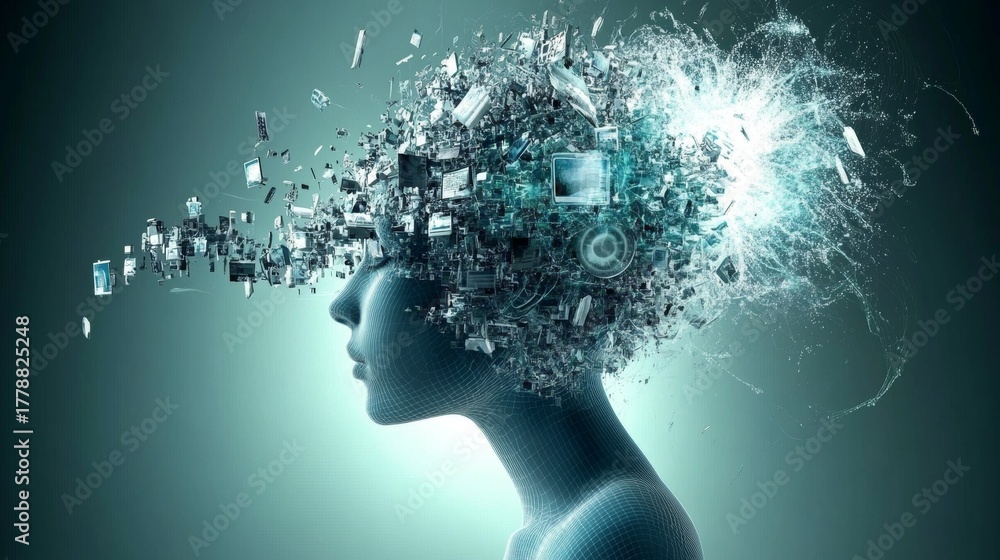 Obraz premium Abstract Human Silhouette with Exploding Ideas and Information, Symbolizing Future Evolution and AI