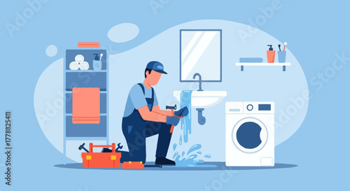 Flat vector illustration of a faceless plumber kneeling on the floor fixing a leaking sink