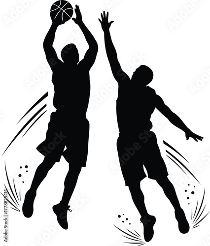 Dynamic silhouette of two basketball players engaged in intense competition on the court capturing athleticism and rivalry
