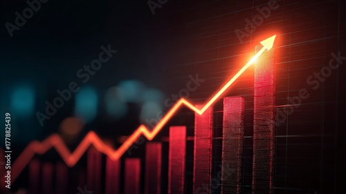 Red upward trend line with bars indicating growth on a dark background with bokeh effect