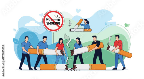 Flat illustration about stop smoking concept, people breaking cigarettes, no smoking sign, clean vector design with abstract background and educational style