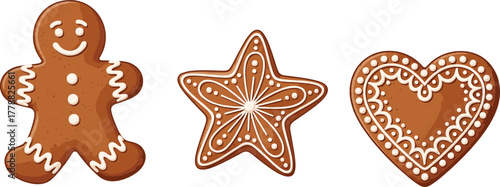 Gingerbread cookies in star, heart and man shape, Christmas dessert illustration, festive holiday sweet vector design for decoration