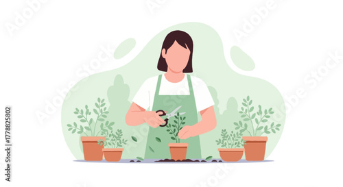 Flat vector faceless gardener trimming plants with scissors, surrounded by potted plants