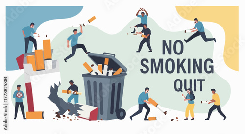 Flat vector illustration showing people destroying cigarettes and quitting smoking, health awareness concept, large cigarette pack and trash bin