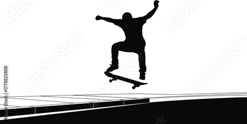 Dynamic silhouette of a person performing a daring trick on a gritty urban street captured in a vibrant vector illustration with bold colors and sharp lines