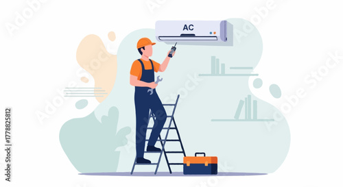 Flat vector illustration, faceless AC technician standing on a small ladder while checking an air conditioner unit