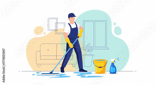 flat vector illustration, faceless cleaning worker mopping a wet floor