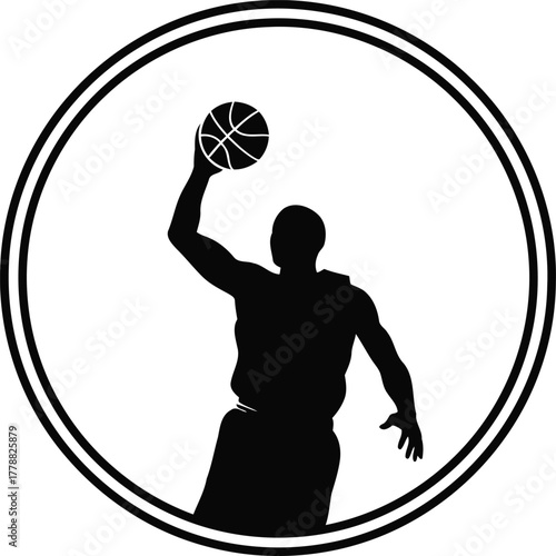 Simple circular emblem featuring a bold minimalist silhouette of a basketball player in action perfect for sports branding and design