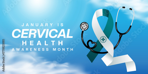 January is National Cervical Health Awareness Month. Ribbon, stethoscope, sun and cloud. Suitable for posters, banners and social media. Blue background.