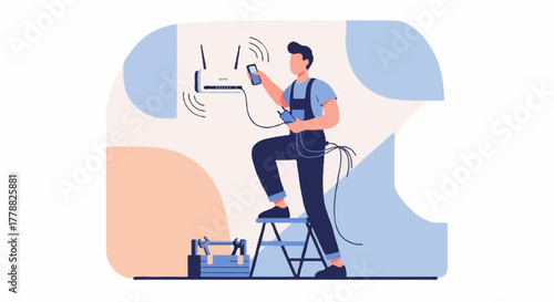 Flat vector faceless wifi technician installing a router on the wall