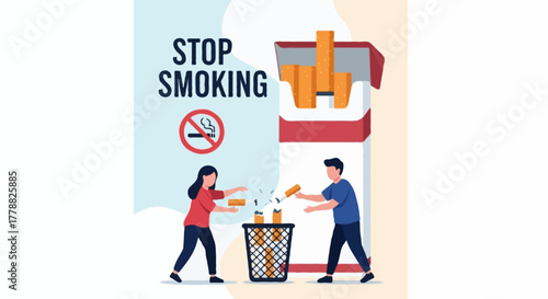 Flat vertical faceless vector poster about stop smoking awareness, clean modern flat illustration style