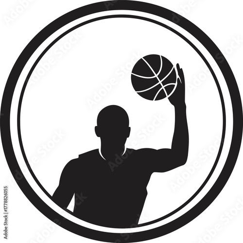 Minimalist circular emblem featuring a dynamic basketball silhouette perfect for sports branding and graphic design projects
